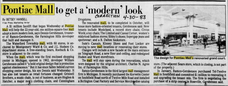 Summit Place Mall (Pontiac Mall) - Apr 28 1983 Article (newer photo)